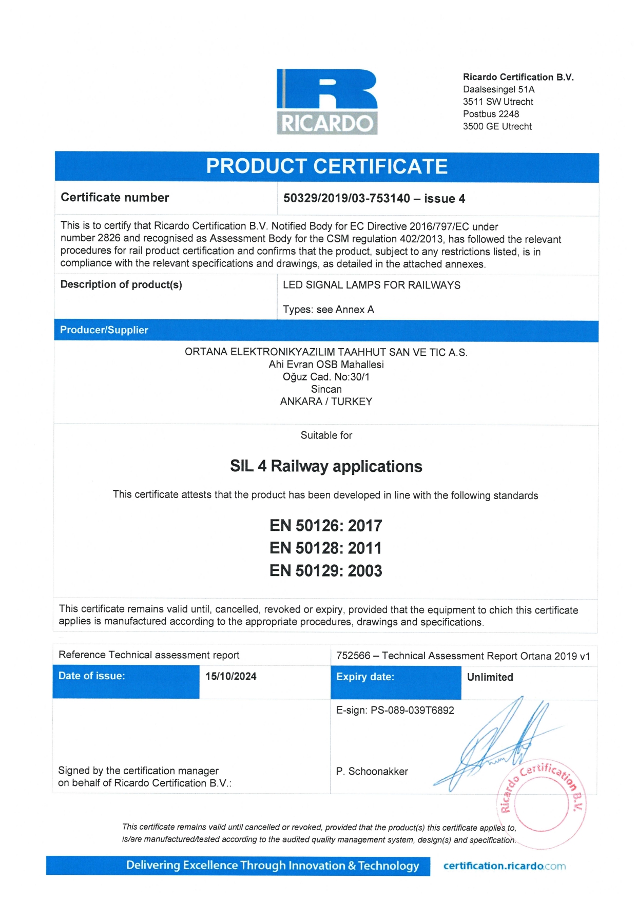 Product certificate LED signal Ortana 50329 2019 03 753140 4 page 0001