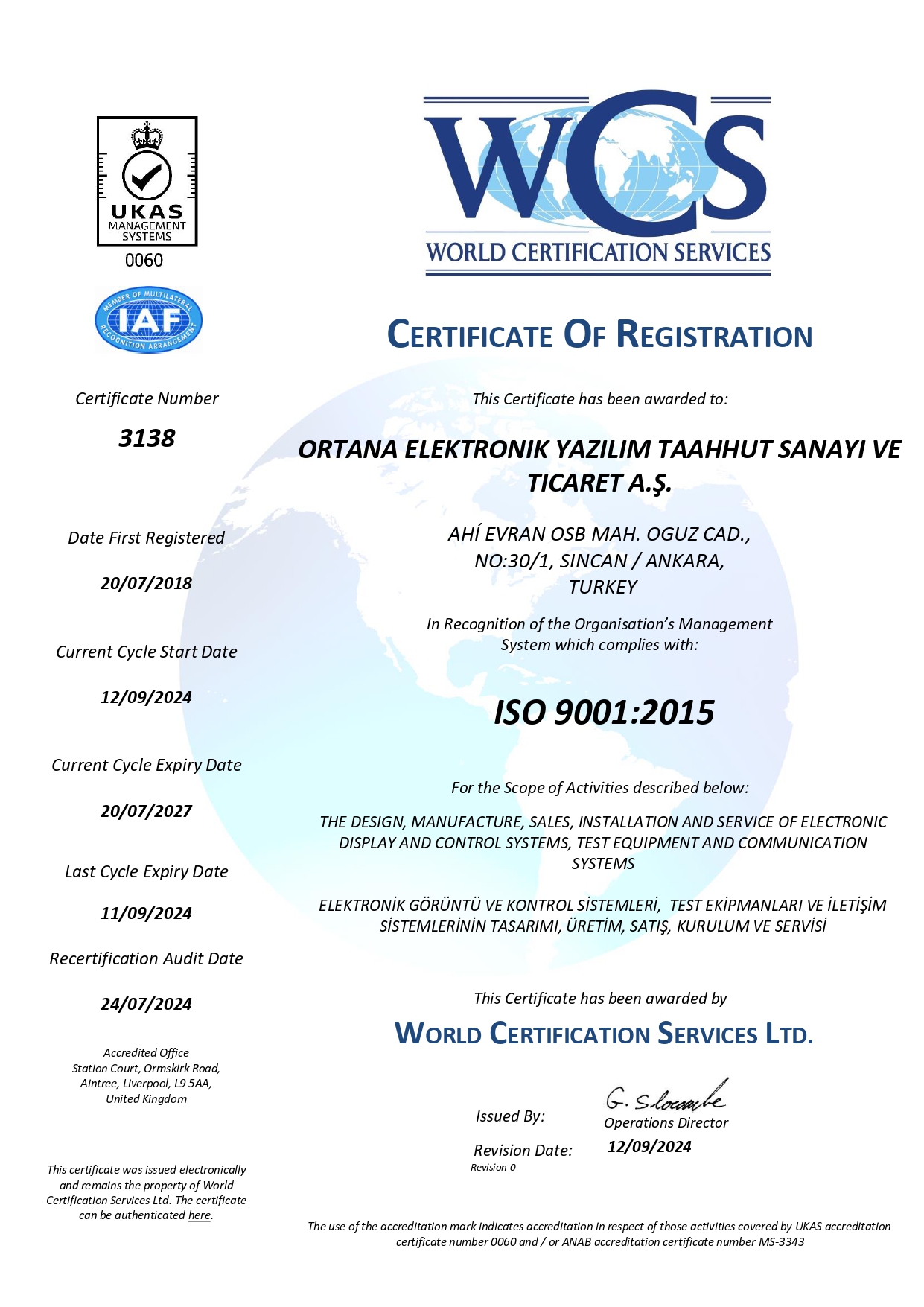 Ortana ISO 9001 2015 UKAS page 0001